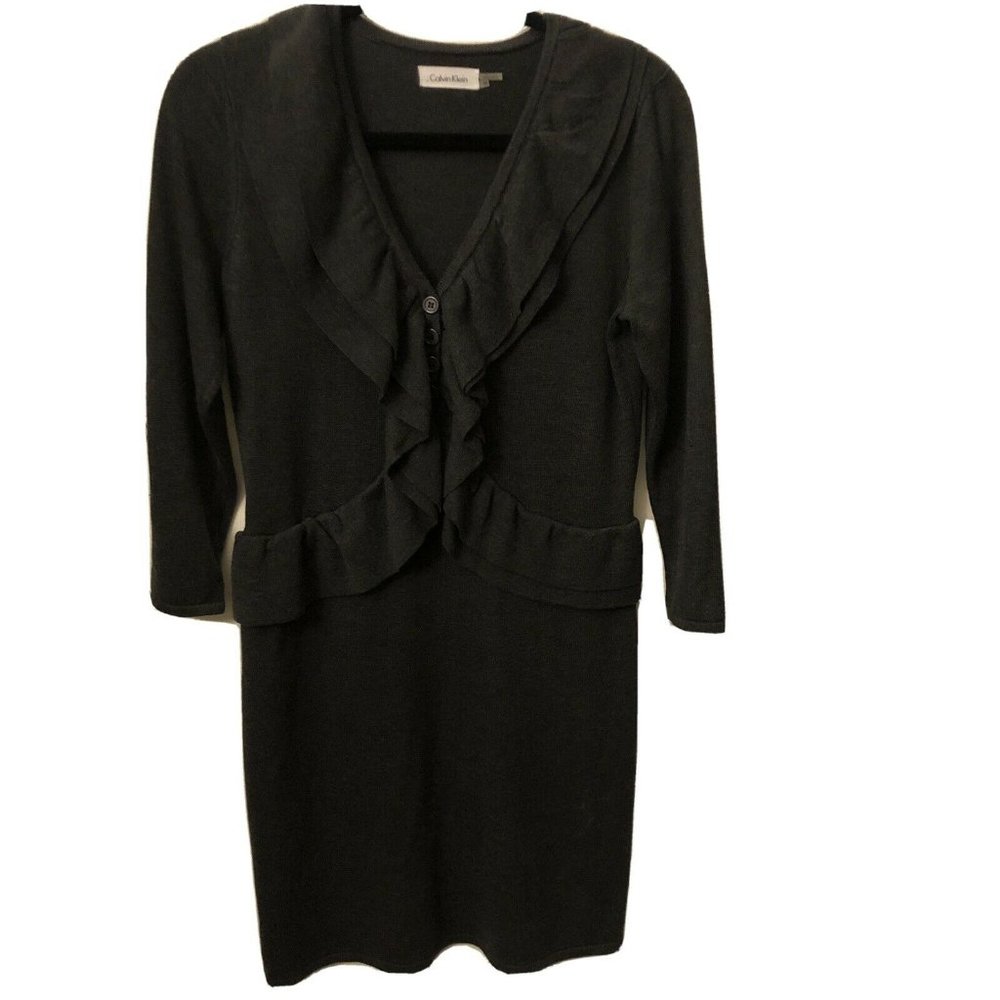 CALVIN KLEIN Dark Gray Sweater Dress Size Medium Chic Professional Warm Designer